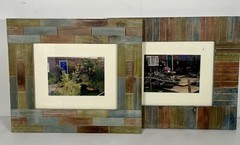 2 Beach Striped Teak Frames 15″ x 13″ Driftwood Design Nautical
