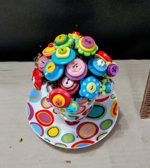 Rainbow Button Bouquet in mini polka dot cup and saucer. only 5 inches tall!
