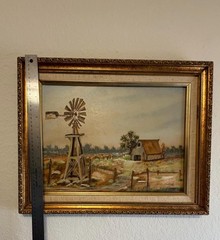 Vintage Oil Painting Signed Iva Frazier Windmill Barn Farm Landscape
