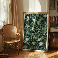 Green Botanical Dragon Chinoiserie Art Print, Framed Chinoiserie Decor Asian Art