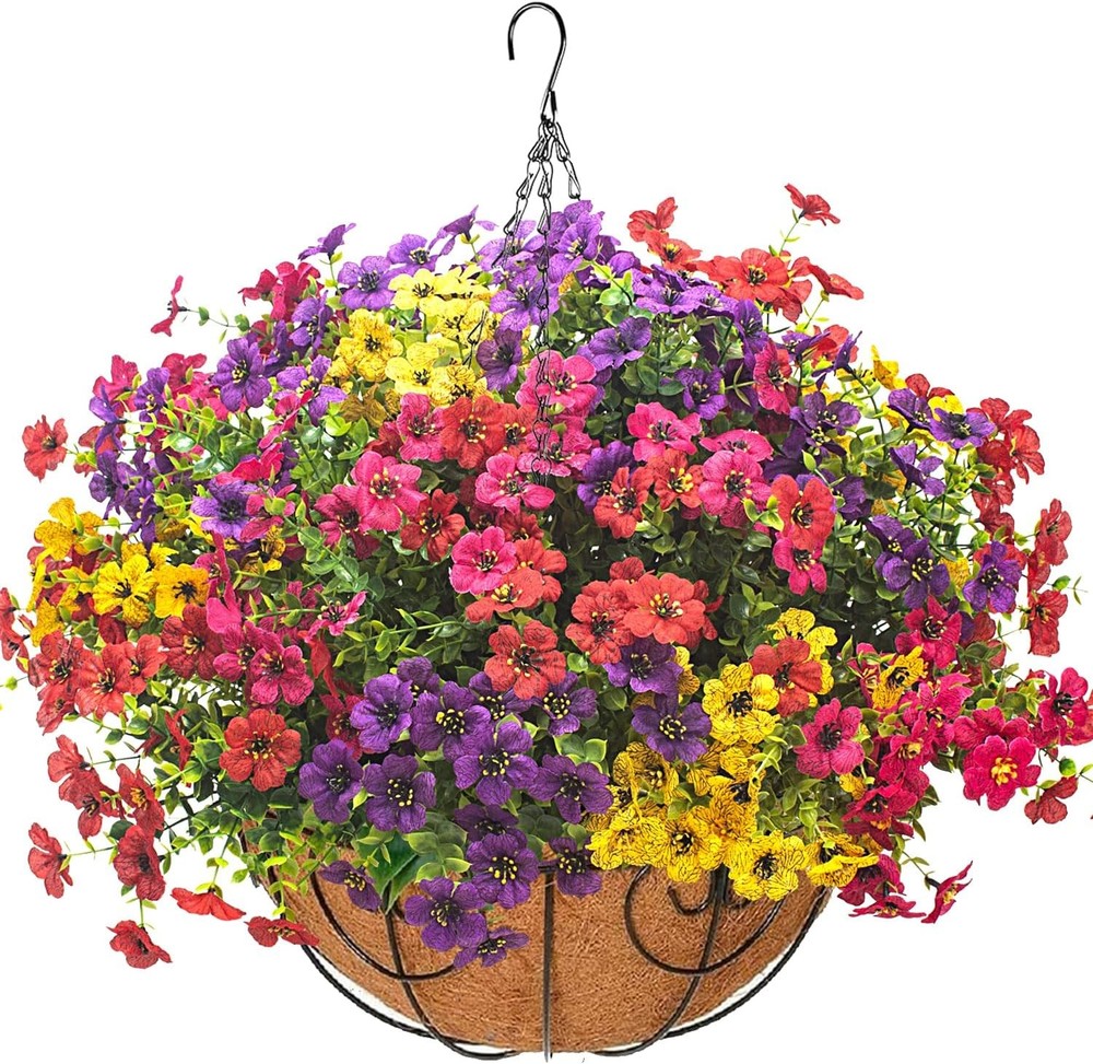 Artificial Hanging Flowers Basket with Colorful Silk Daisies & Eucalyptus –