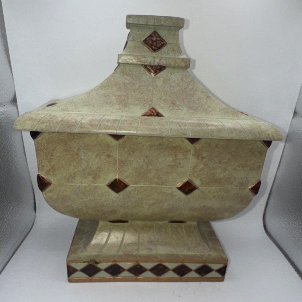 Ceramic Rectangular Lidded Decorative Box Beige Brown Diamond Pattern 8x8x4 in