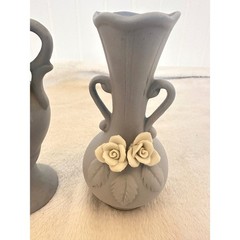 Flambro Bud Vase St Blue Good Matte Rose Detail Ceramic Decor Chip Rose Leaf Vtg