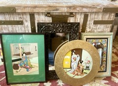 Vintage Hand-Enameled & Wood Wall Accent Beveled Glass Octogan Mirror OOAK SPAIN