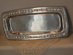 Handcrafted Mother of Pearl Inlay Silver Tone Tray Rectangular India Reflective