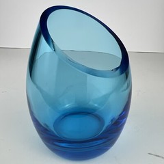 Blenko Viking Mid Century Modern Offset Orb Art Optic Blue Glass Bud Vase MCM
