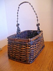 VINTAGE BAMBOO OBLONG BASKET w/METAL SCROLL HANDLE ~ 12 1/2 L x 8 W x 6 H ~ VGUC