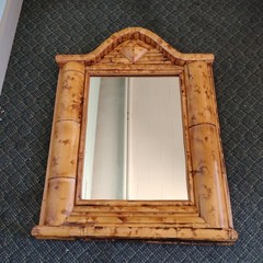 Burnt Split Bamboo Wall Mirror Pediment Top Boho 32×25 Tiki 60s Unique Large