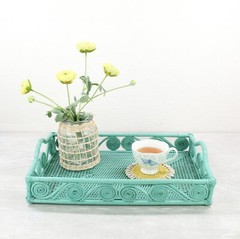 New Swirly Rectangle Large Rattan Tray with Handles-Turquoise-17.7″
