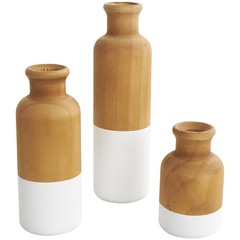 3 PCS Colorblock Wood Decorative Vase Set Brown White Base 10 8 5 Inch H