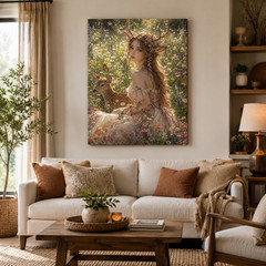 Deer Girl Canvas Wall Art Fantasy Forest Woman Fawn Butterfly Cottage core Boho
