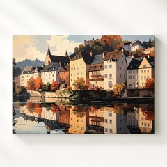 Sunset River Reflection Canvas Cozy European Village Wall Art