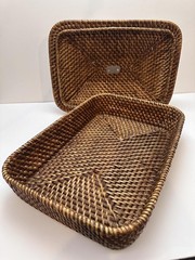 Rectangular Shaped Storage Basket made of Fine Woven Reed with Lid Metal Handle