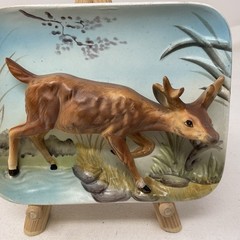 Vintage 3D Porcelain Deer Woodland Scene Small Wall Plaque 5.75″ x 4.75 Enesco