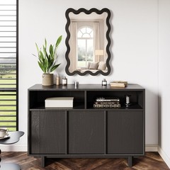 22″x30″ Matte Black Wavy Mirror, Solid Wood Irregular for Powder Room Vanity