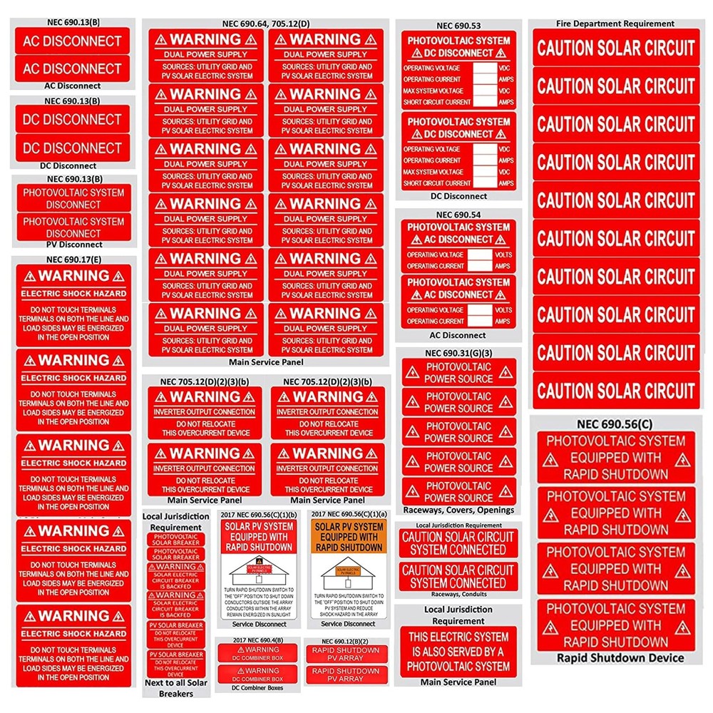 62 Pack Premium Solar PV System Labels – UV Resistant, Safety Warning Red