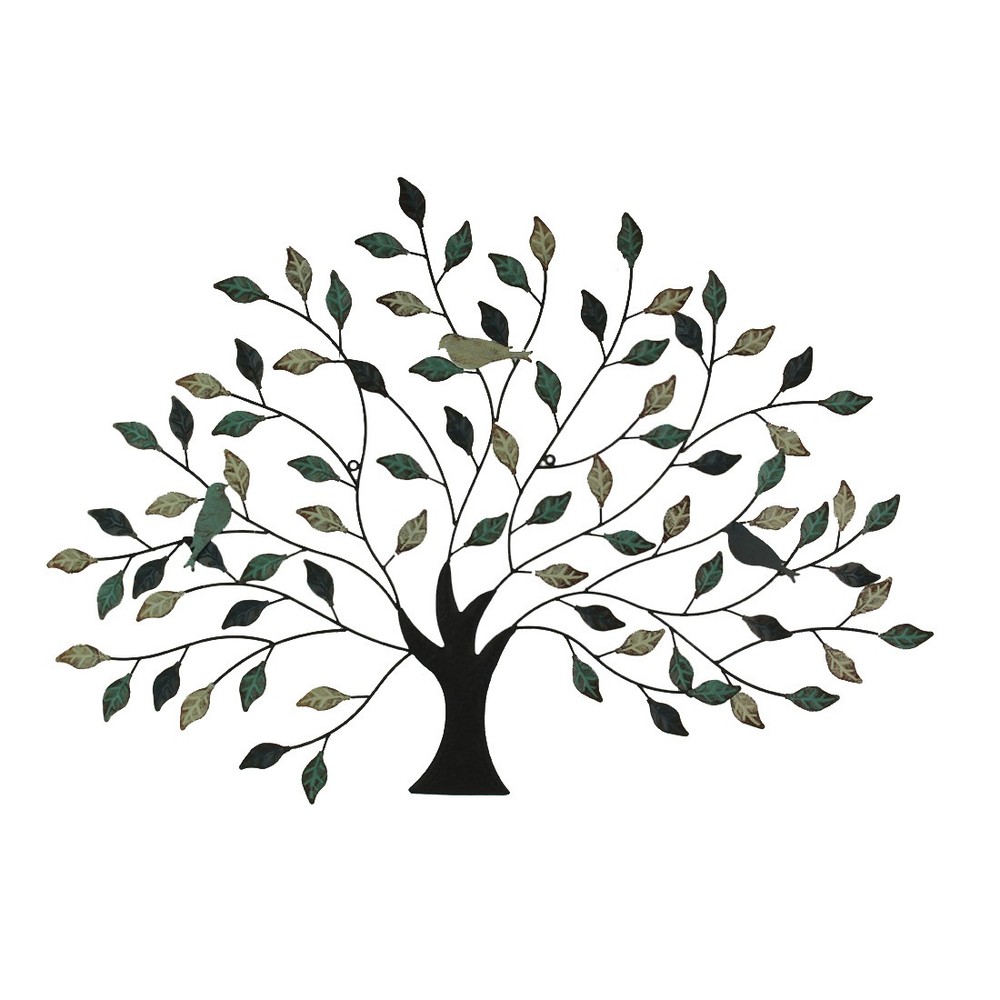 36 inch Tri Tone Leaves Birds In Branches Metal Tree Indoor Outdoor Wall Decor