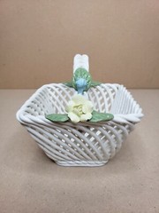Vintage White Ceramic Basket Square With Flowers On Handle Blue Yellow Roses