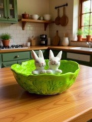Spring Bunny & Cabbage Dish Rabbit Hill Farm Bunnies in Cabbage Leaf 7.75″ NEW