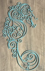 Seahorse Wall Plaque Nautical Decorative Art Wood Metal Blue Brown Vertical