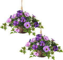 2 Set Artificial Outdoor Flowers With Hanging Basket 2 Hanging Planters Faux New