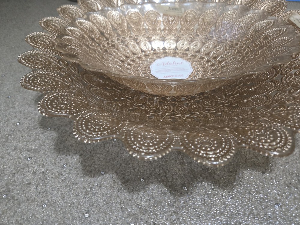 2 Piece Accents Turkish Hand Decorated Glass Bowl Rose Gold -lg 15″ & oval 12×8