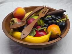 Handcrafted Wooden Centerpiece Bowl w/ Serving Spoon Fork & Faux Fruit Set