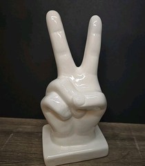 Large Peace Out Hand Symbol Sign White Ceramic Boho Deco Figure 8” Tall