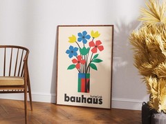 Bauhaus Botanical Flower Poster, Minimal Colorful Retro Wall Art Print