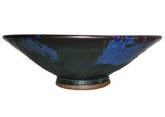 Vintage ARTISAN CRAFTED Green, Red, & Blue Glazed Pottery Gallery Bowl 12.5 USA