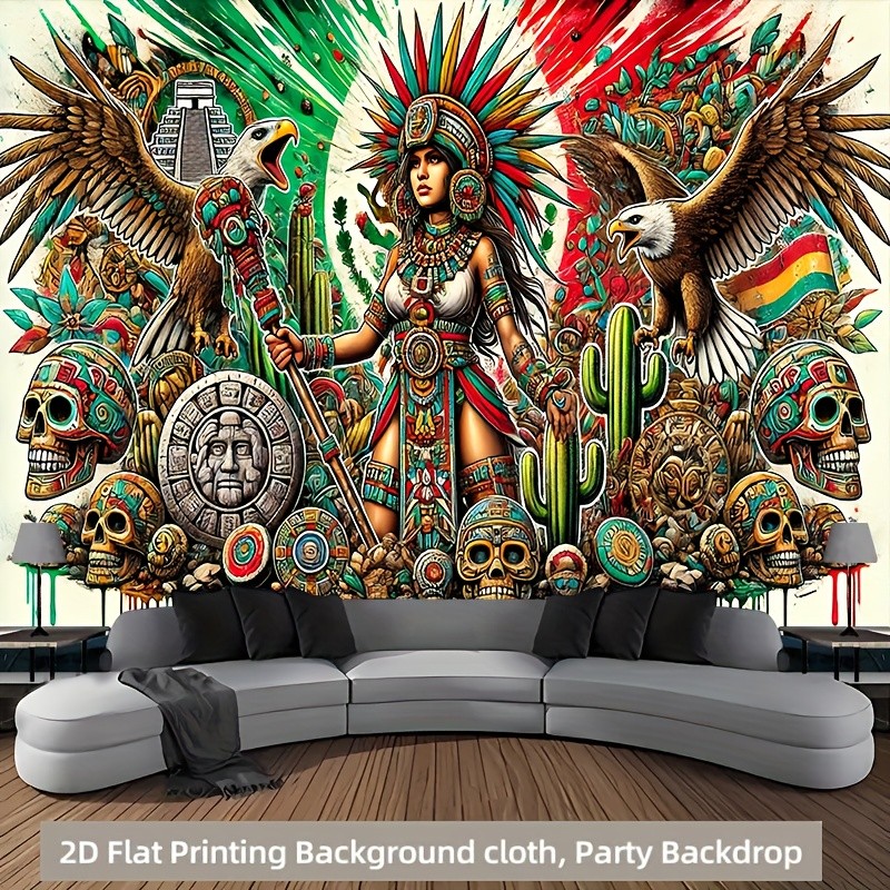 2D Flat, 1pc Large Aztec Wall Tapestry – Extra Long 71×91 Inch – Mexican Cultura