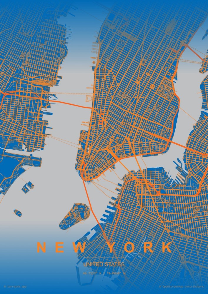 New York City Map Poster Print | Blue & Orange Wall Art | office art 11×14