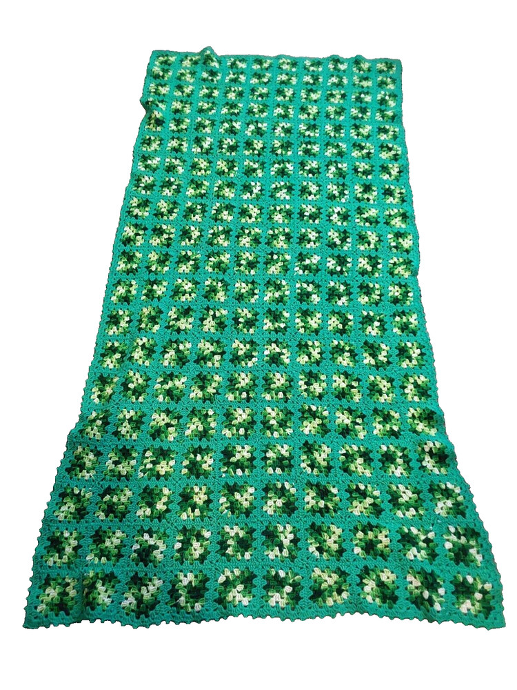 Handmade Granny Square Blanket in Shades Of Green – 42 X 85 Inches