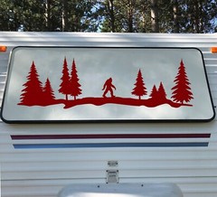 Bigfoot in Tree Line V4 Vinyl Decal – Sasquatch Pine Forest Woods Hiking Camping