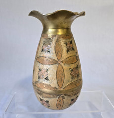 Solid Brass Fluted Vase 7″ Hand Painted Enamel Floral Details Decorative Vintage