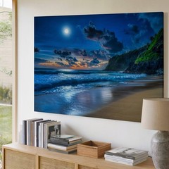 Serene Moonlit Beach Scene At Night, Featuring A Luminous Full Moon Wall Art