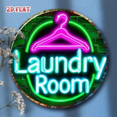 Retro Neon Laundry Room Metal Sign Round Hanger Themed Home Wall Art Decoration