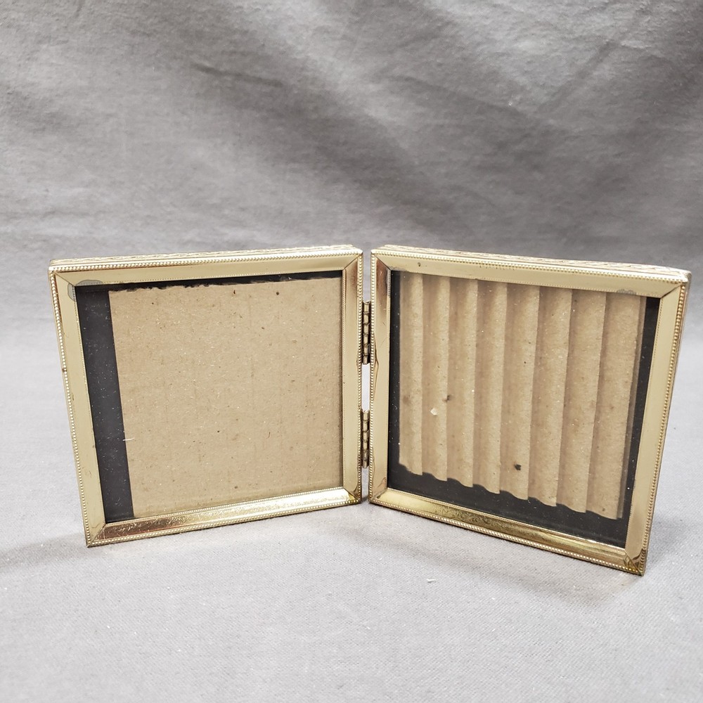 Double Picture Frame 3×3 Collage Hinged Gold Tone Embossed Keepsake Vanity Decor