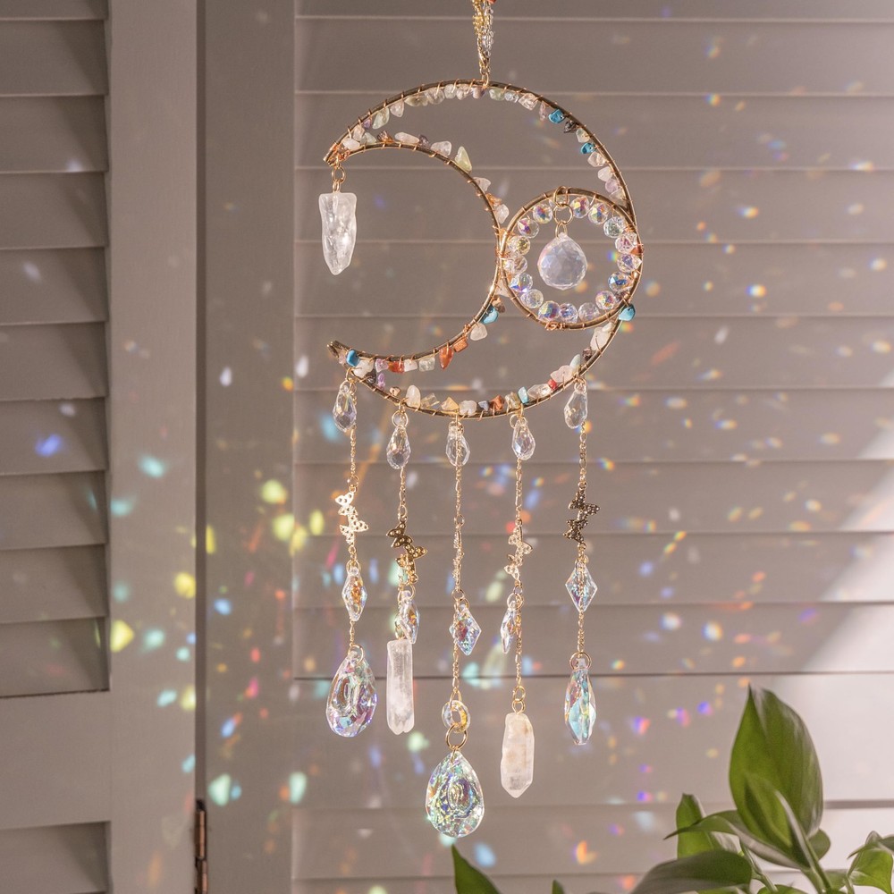 Rainbow Sun Catcher with Moon Shape, Natural Stones & Crystal Decor for Home