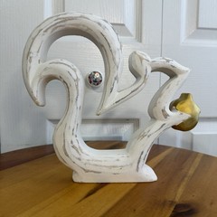 Wood Distressed Look White Squirrel Gold Nut Free Standing Decor Cottage Farm