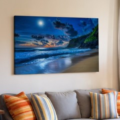 Serene Moonlit Beach Scene At Night, Featuring A Luminous Full Moon Wall Art