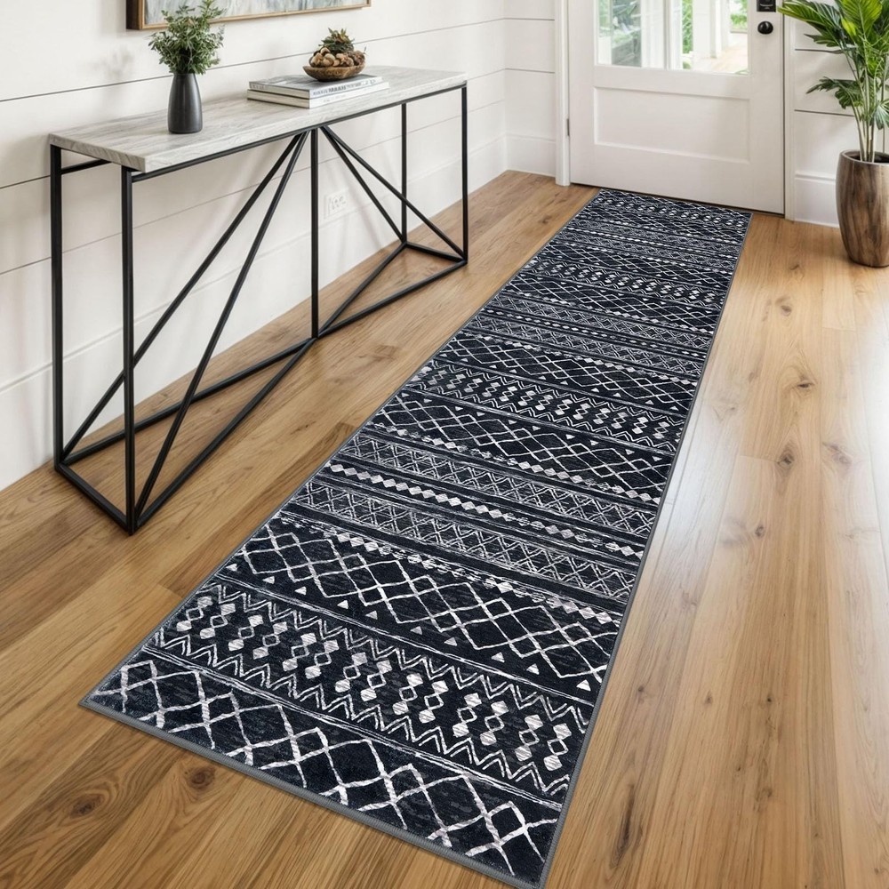 KUTA Boho Runners for Hallways 2×8 Black Moroccan Washable Runner Rug Non-Sli…