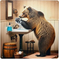Rustic Brown Bear Handwashing Metal Tin Sign Cozy Cabin Bathroom Wall Art Dec…