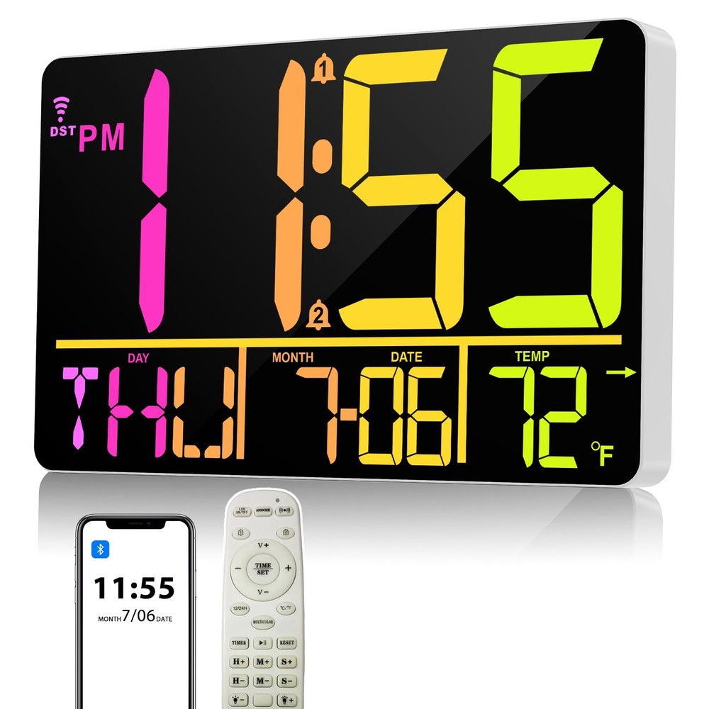 13″ Bluetooth Auto Sync Wall Clock- Large Digital Alarm Clock with Remote, RG…