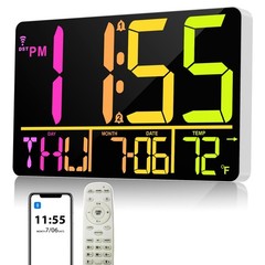 13″ Bluetooth Auto Sync Wall Clock- Large Digital Alarm Clock with Remote, RG…