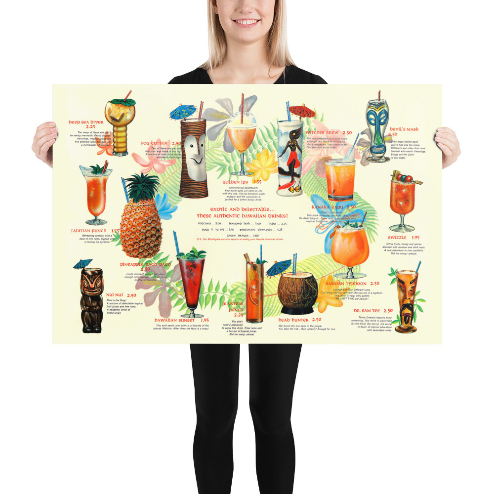 TIKI MENU 36in x 24in LARGE ART PRINT POSTER TIKI BAR POLYNESIAN RUM DRINKS