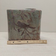 Uttermost Bird on Branch Ceramic Vase Rectangular Teal Brown Crackle Glaze 10in