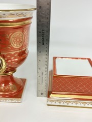 Chelsea House Chinoiserie Style Orange & Gilt Porcelain 2 Piece Urn Planter Vase