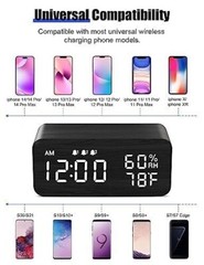 Wooden Digital Alarm Clock with Wireless Charging, Dimmable, Adjustable Grey