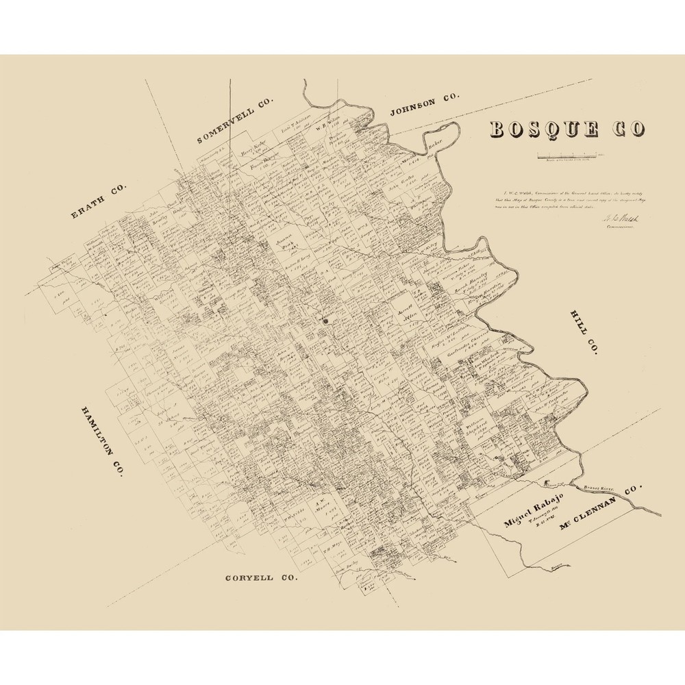 Historic County Map – Bosque County Texas – Walsh 1879 – Vintage Wall Art